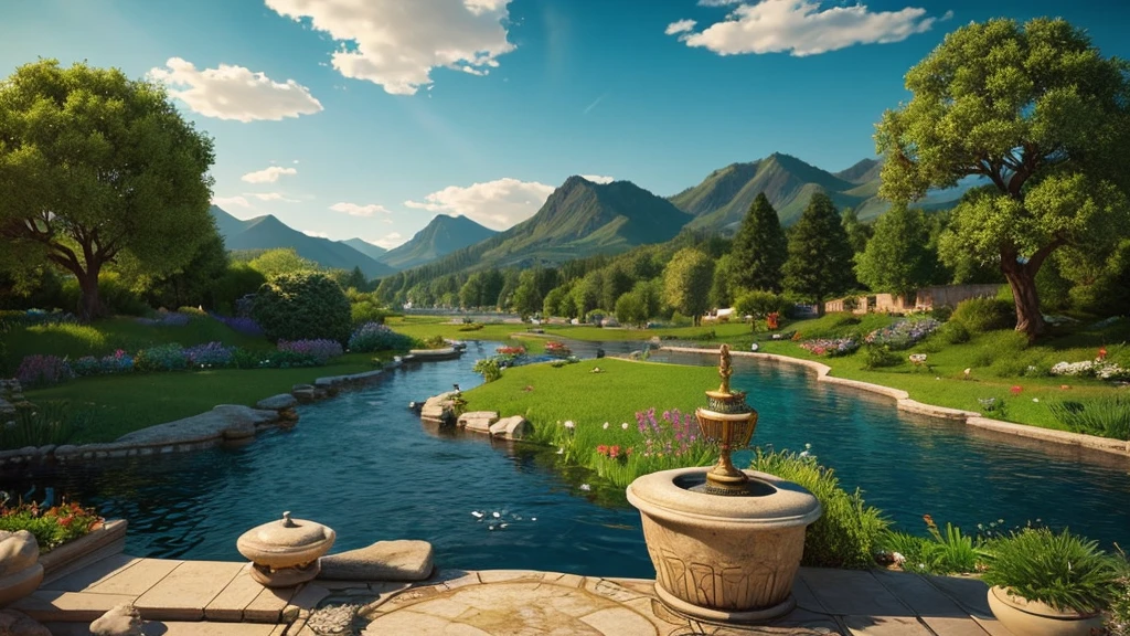 A cinematic, widescreen, wide-angle depiction of the Aquarius horoscope sign. The scene features a figure pouring water from a large urn, with the water flowing into a river that winds through a lush valley. The figure is depicted with intricate details in their flowing robes and the urn, symbolizing knowledge and innovation. The background includes a vibrant sky with swirling clouds, creating an atmosphere of inspiration and creativity. The composition adheres to the golden ratio, ensuring perfect proportions and aesthetic harmony.