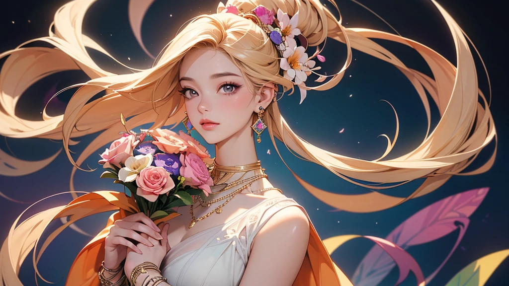 32K, 最高quality, 最高masterpiece, (ultra-Detailed Background, Detailed Background), High resolution, Super detailed, Very detailedな, 1 personの, (bouquet:1.3), (Tangled:1.2), (Geometric:1.2),(colorful),(masterpiece, quality, best quality, Official Art, Beautiful and beautiful:1.2), (1 person:1.3), Very detailed,(colorful:1.1)(Flowers:1.3),Most detailed,(Tangled:1.2), whole body, (Abstract background:1.3), (Skin glows), (Many colors:1.4), ,(Earrings Jewelry:1.5), Gradient Background, It's imaginative., Flaxen Hair,
