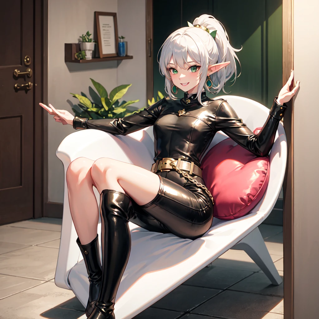 elf woman, silver hair, short hair, hair with ponytail and pink elastic. Green and white medieval clothing, black shirt, leather pants and long boots. Gold earrings on both ears. Yandere face and macabre smile. 1 single woman