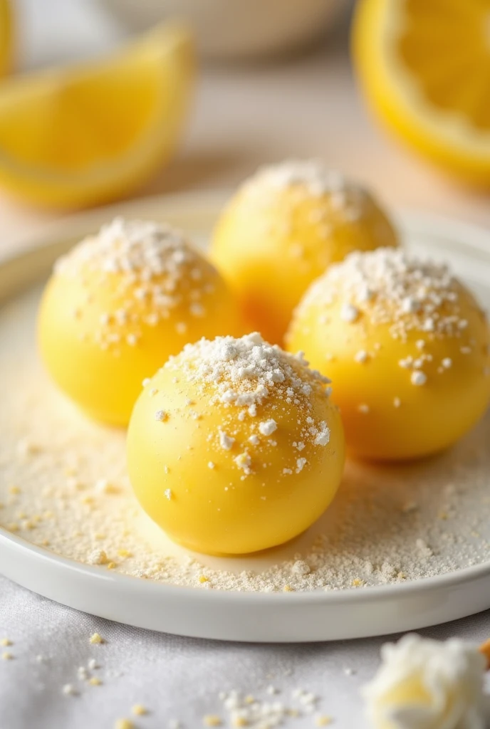 An image of a photo of presentable and eye-catching truffles for an Instagram sales post - the truffle should be lemon flavored and should be on a white plate. The image must contain very discreet golden tones..