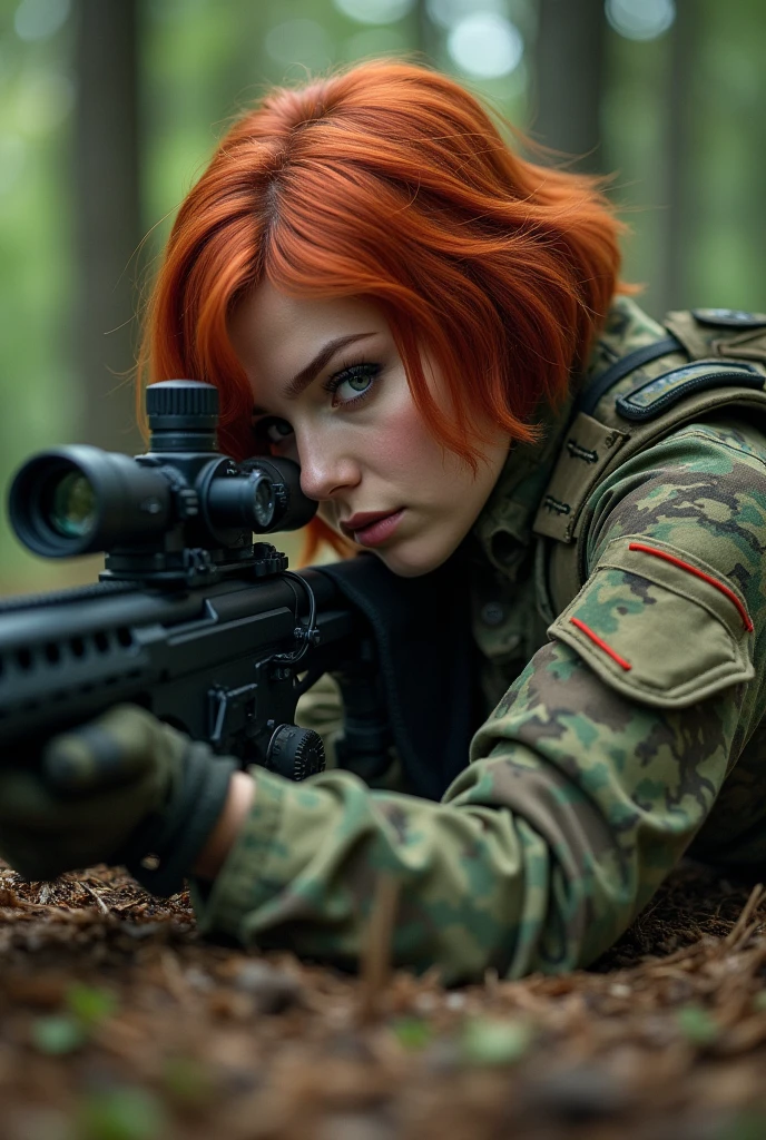 (masterpiece),(Highest quality),(High resolution),(Very detailed), One Woman, Scottish, Red Hair, Short Bob, Beautiful Eyes, Long eyelashes, Beautiful Hair, Beautiful Skin, whole body, BREAK(((aim at something with a sniper rifle))),((Close one eye and look through the scope))(Lying down),((Sniper Rifle)), Army Camouflage Uniform, Bulletproof vest, Combat Boots, Tactical Forster, Tactical Headset,(The background is a dense forest),(((Background Blur)))