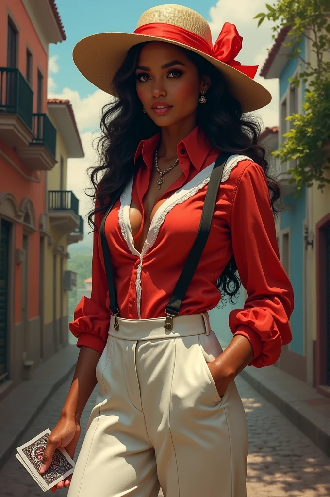 Create the image of Quimbanda of Maria Navalha, Brunetette, wearing a panama hat with a red ribbon, a red and white blouse and white pants, wearing suspenders, in one hand a rogue's razor and in the other a deck of cards, in the background the image of Lapa