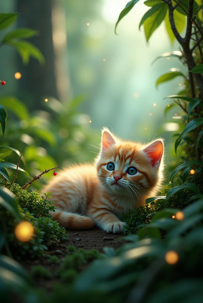 "Create a realistic image of a kitten lying in a cloudy tropical forest, with lush vegetation, fungi and plants like dionadeas, droseras . Include fireflies flying around, with soft and natural lighting. Photographic style, not animated. Precise details and real textures."