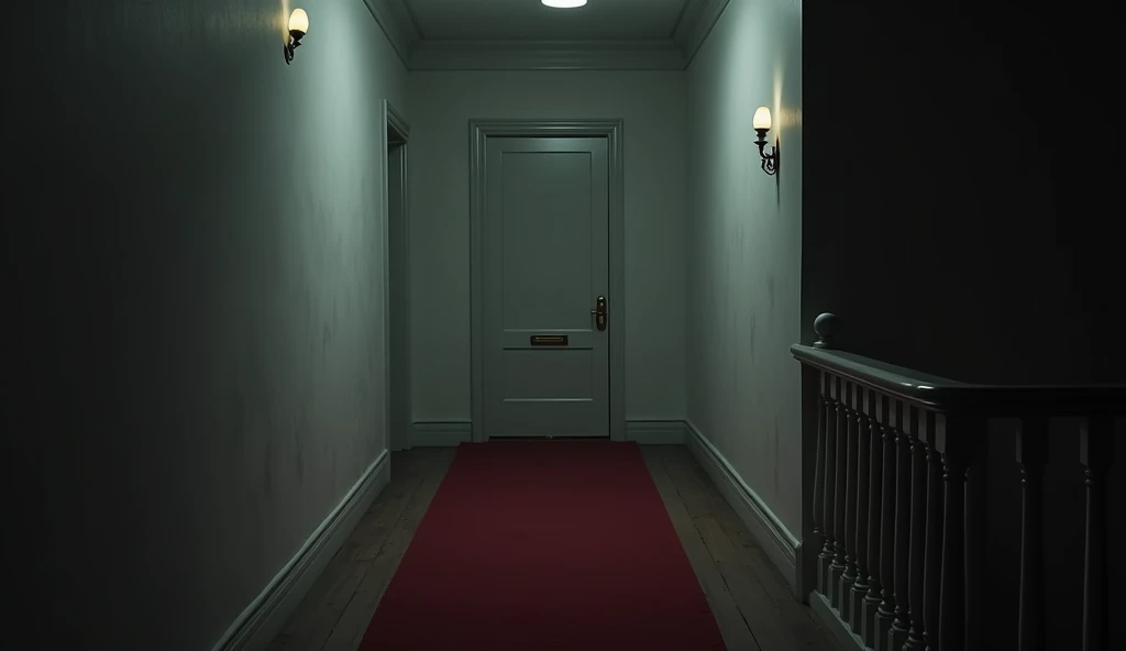 Cinematic, hyper realistic, A detailed interior image of a dimly lit, eerie white hallway with railing on the right suggesting that there is a dark open space in a mansion. The scene is characterized by its shadowy, monochromatic color palette, with a focus on a single closed door at the end of the corridor. The hallway is illuminated by a few antique wall sconces, casting a faint, ominous light. A red carpet runs along the wooden floor, leading towards the door, adding a stark contrast to the otherwise muted tones. The overall atmosphere is tense and foreboding, reminiscent of a scene from a horror or suspense narrative.