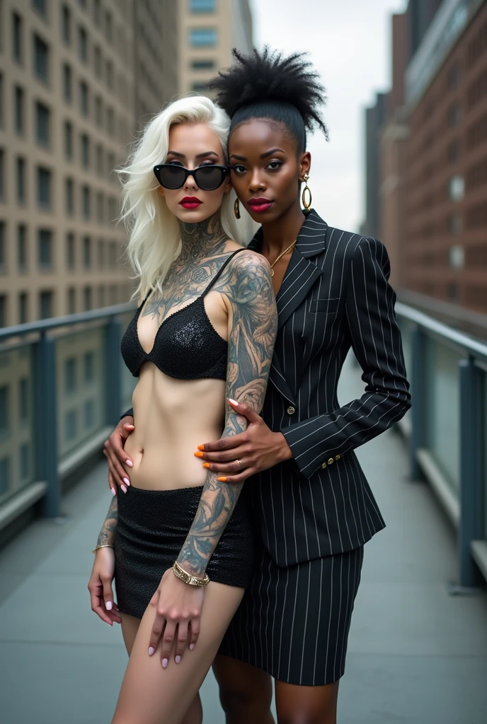 Two russian old milf women: the dominant aggressive dark skinned black woman in business pinstripe cropped blazer, pinstripe pencil skirt and white silk blouse, long nails and afro hair, standing up with separated legs and possessive stance showing off her new white girlfriend to the camera with her hands on her girlfriend's waist and grabbing her arm. Next to her, her white rich drunk girlfriend looks at the camera (white woman is very pale: pale face, pale neck, pale chest, pale arms, pale hands, pale stomach, pale leg), white woman stretches her neck and looks at the camera. White woman leans on her girlfriend . White woman stands up with separated legs. White woman wears low rise back sequins mini skirt and black silk stockings, platinum blonde hair (pouf, top bun, saved sides, wide colourful bandana as headband) and the white woman wears oversized square maxi sunglasses. Big lips with no makeup. White woman Black sequins push up bra. Barefoot.. white woman wears a Lot of thick metallic bracelets in the wrists and big pearl necklaces around the neck. White woman wears Wide loose studded belt with big solid buckle. Loose chains around the hips of the white woman. White woman is leaning back on her girlfriend.. The white woman is densely tattooed on neck, tattoed chest, tattoed stomach, tattoed legs, wrists and feet. White woman has well Toned abdominals, thin neck, slim legs and thin arms. White woman has Narrow hips and noticeable tigh gap. The body of the white woman is twisted in a lazy pose .in the balcony of a skyscraper in nyc