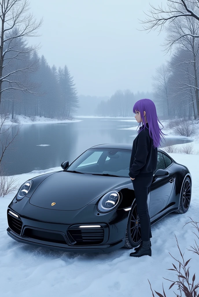 anime girl with black pants and a black blouse with purple hair next to a black porsche in the snow with a lake behind realistic