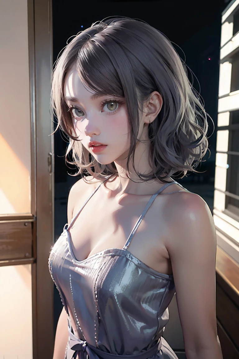 Highest quality, masterpiece, Ultra-high resolution, (Realistic:1.4), RAW Photos, Aesthetics and atmosphere, Dark Shot, Film Grain, Soft Focus, Bokeh, Night Shots, masterpiece realistic volumetric light,,One girl, Purple eyes, Gray Hair, Curly Hair, Grin, (freckles:0.8), thigh, Medium chest, Upper Body, (Sparkling:1.3) Sequined Mini CNS Dress, (panties),ray tracing reflection, Desert street, path, City lights, Beautiful sky, Relying on the wall, From the side,NSFW,Large Breasts, Small waist
