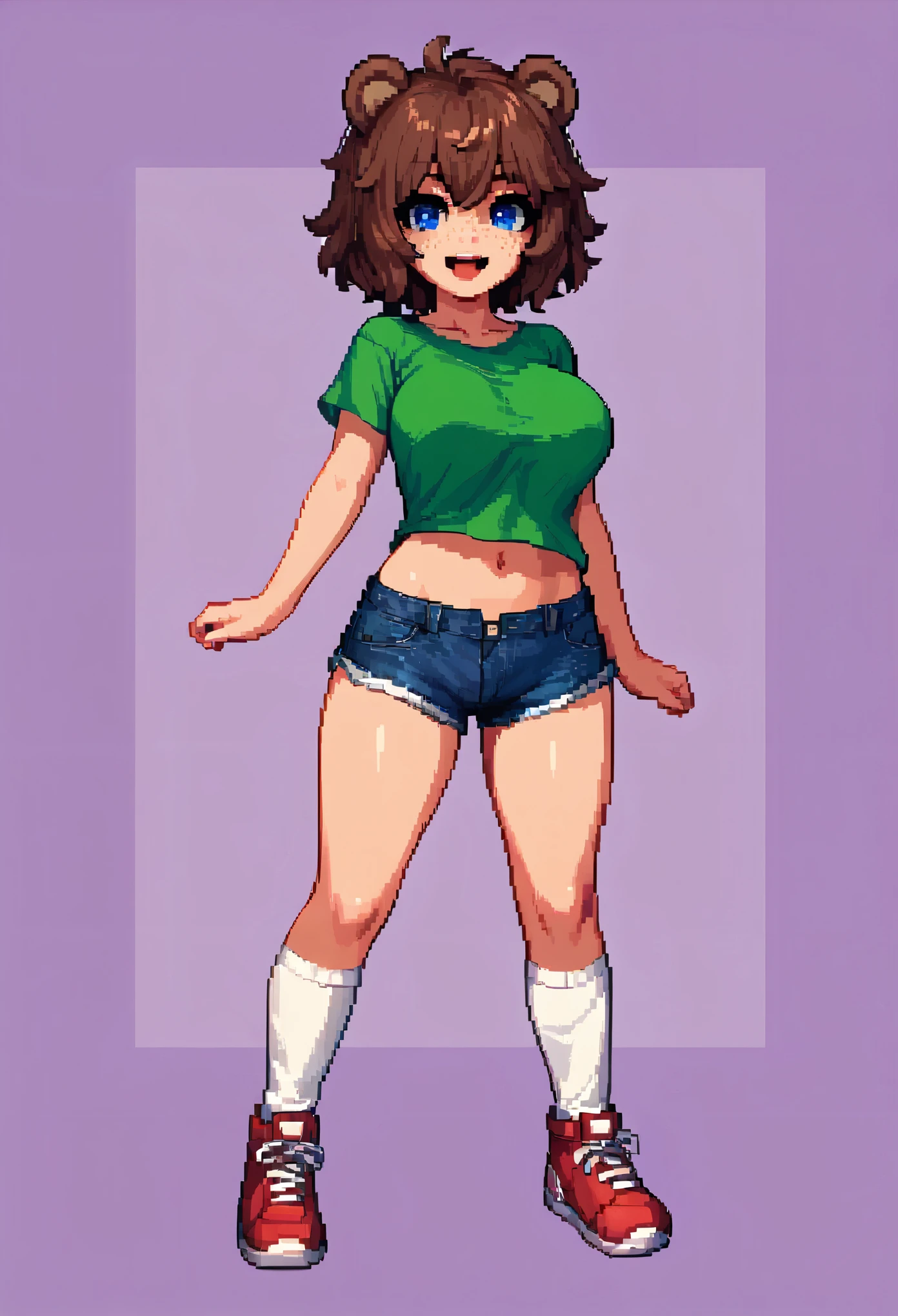 score_9_up, score_8_up, score_7_up, 1girl, solo, (pixel art, pixel style), source_anime, hourglass figure, Big breasts, kemonomimi, bear ears, brown hair, short hair, messy_hair, blue eyes BREAK freckles, green shirt, short sleeves, navel, denim shorts, high socks, white socks, red sneakers, standing, abstract background, colorful background, smile, open mouth, looking at viewer,