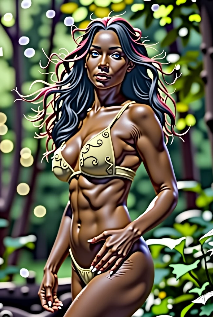 ((masterpiece)), ((Highest quality)), (Portrait of a beautiful girl), Eye for perfect detail, Face in perfect detail,The perfect athlete has muscles,A well-defined body, Perfect nude,Cracking abs,Very elaborate nose, Open your mouth, 、 Perfect Teeth, Full body exposure,Adult, Charm, Perfect Face, Dimples on cheeks, Depth of written boundary, High resolution, ((Realistic skin texture)), (Well-proportioned hands), Thin lips, Random color hair, Floating multicolored hair, Mid-length hair, forest
