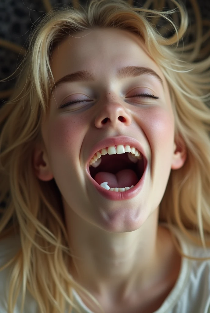 Closeup of a female young Elle Fanning's face, ((Elle Fanning)), actress Elle Fanning when she as , He&#39;s laughing with his mouth wide open,  I opened my eyes, Long blonde messy hair, Mouth full of milk, drip milk from her mouth, extreme skin detail, realistic, 8k, wallpaper, Kneel on the floor, Seen from above