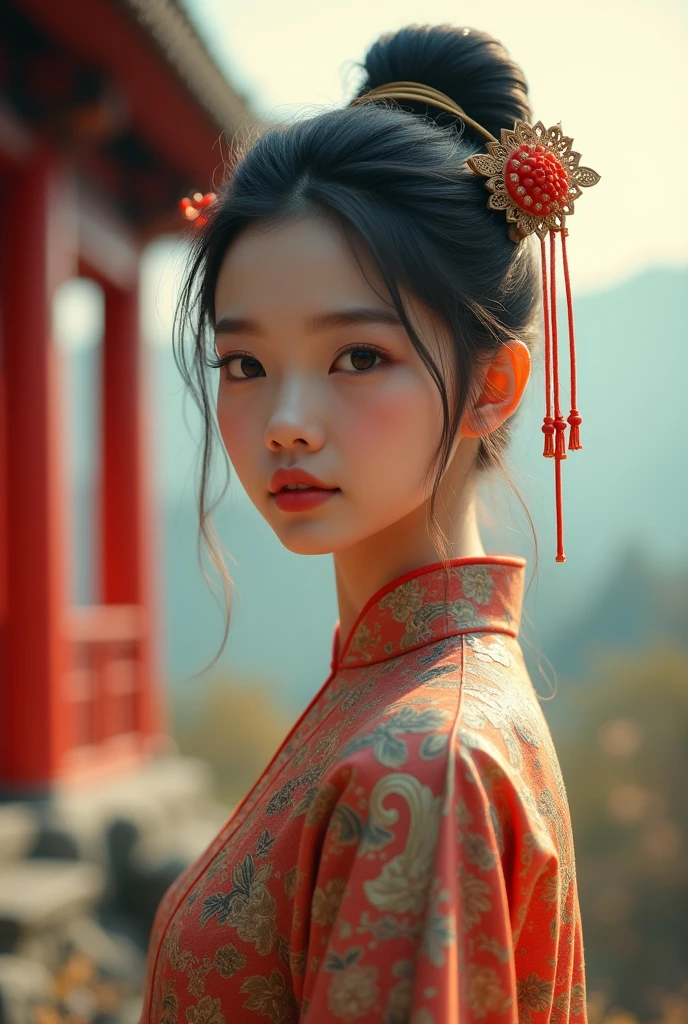 ((best qualityer)), ((work of art)), (detailded), 1 Chinese girl in traditional Chinese clothing in the center of the front profile photo, slightly blurred background with nature and a red Chinese temple on the left side