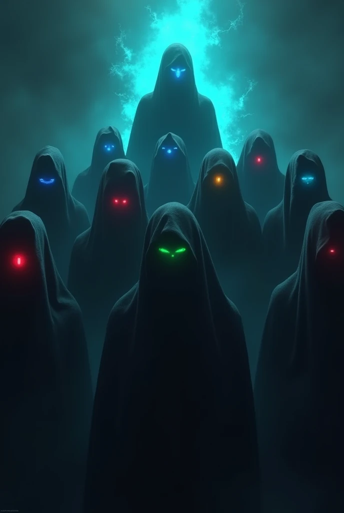 MAKE NINE PEOPLE COVERED BY DARKNESS AND BEHIND THEM YOU CAN SEE AN ENTITY THAT SHINES, THAT PEOPLE'S EYES SHINE IN DIFFERENT COLORS. THAT ONLY THE EYES ARE SEEN, NOT THE FACE, WITHOUT PUPILS, ONLY SHADOWS, THEY DO NOT HAVE HOODS.