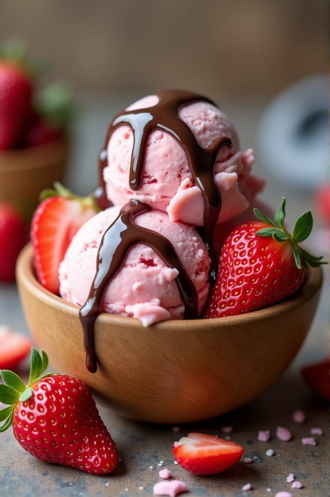 A rustic wooden bowl of strawberry ice cream, adorned with fresh strawberries and a drizzle of chocolate sauce. Background softly blurred for easy text addition.
