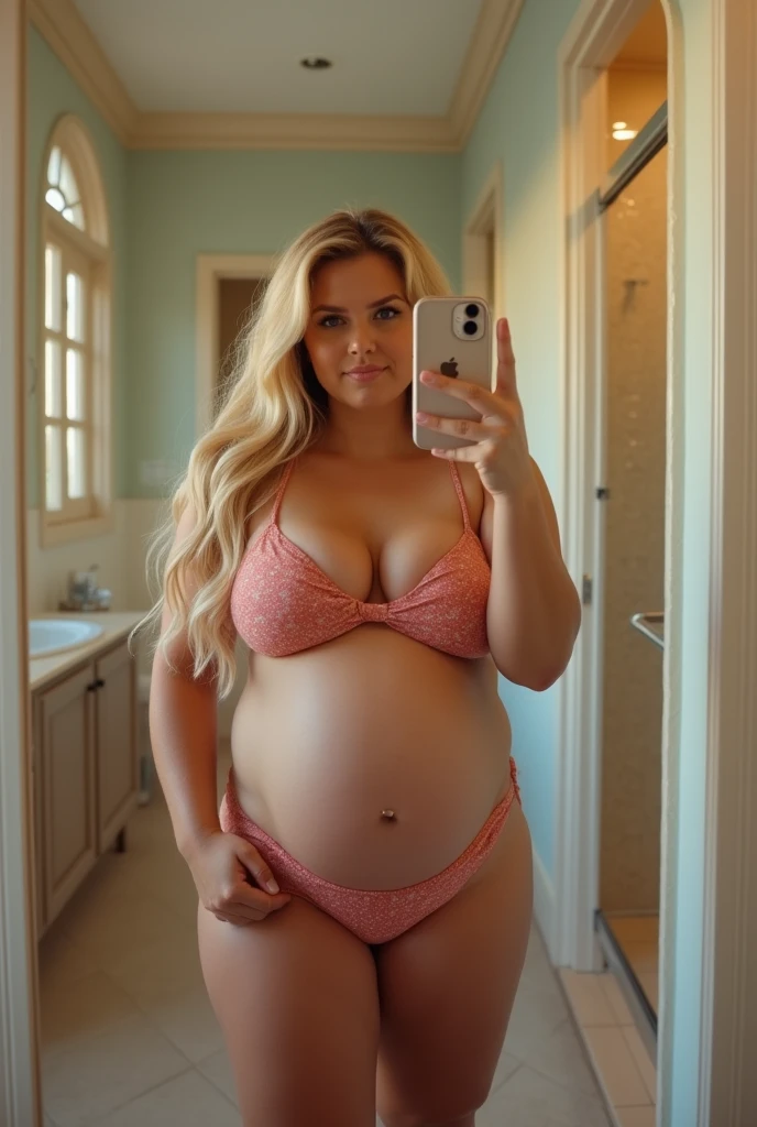 Your POV view of a plus size, 9 months 39 weeks pregnant, American blonde haired mother taking a selfie wearing a bikini and holding an iPhone 11 in front of the bathroom mirror with a big belly.. HD, cinematic, 25k, ultra detail, high shapering, masterpiece, fujifilm, fisheye camera view