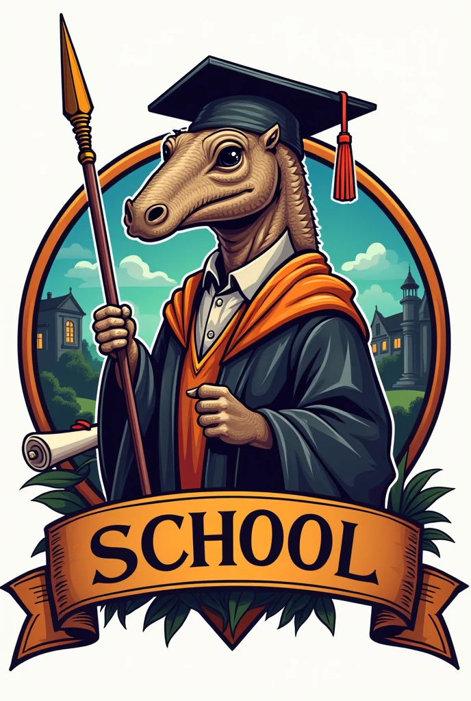 Make me a school promotion logo that carries , a school in the background , a human with an armadillo head holding a spear , a diploma , a graduation hat