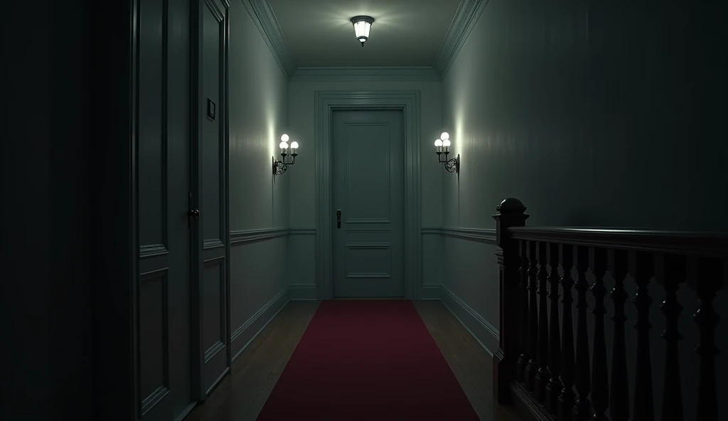 Cinematic, hyper realistic, A detailed interior image of a dimly lit, eerie white hallway with railing on the right suggesting that there is a dark open space in a mansion. The scene is characterized by its shadowy, monochromatic color palette, with a focus on a single closed door at the end of the corridor. The hallway is illuminated by a few antique wall sconces, casting a faint, ominous light. A red carpet runs along the wooden floor, leading towards the door, adding a stark contrast to the otherwise muted tones. The overall atmosphere is tense and foreboding, reminiscent of a scene from a horror or suspense narrative.