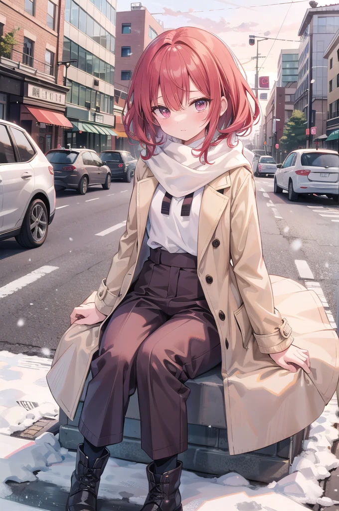 An 1 anime woman, sitting on the sidewalk in a city in Japan covered with light snow in the afternoon. Mide 168 cm, its measures: B 60, At 30,H 80; She has short carmine red hair, His eyes are small and crimson red., He has a pained expression as he moans while closing one eye, She is wearing a pink coat, White jersey scarf, beige plain crew neck fitted sweater, Bush style salmon trousers, white snow boots