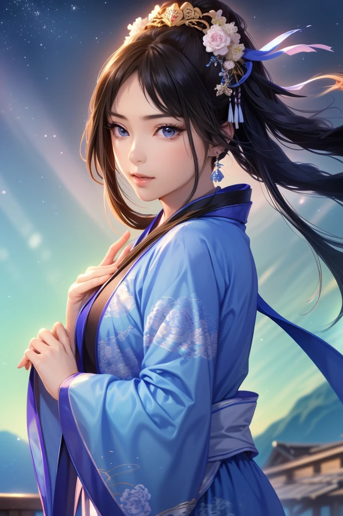 Starry sky landscape、shooting star、Outdoor、 Han Dynasty Landscape、Three Kingdoms、(Highest quality,4K,8k,High resolution,masterpiece:1.2)、Very detailed, High resolution,、Hyper HD、Studio Lighting、Ultra-fine painting、 Sharp focus、 Physically Based Rendering、 Very detailed説明、 Professional、 Vibrant colors、Traditional Chinese Painting Techniques、 Atmospheric lighting、 Vivid color contrast、 Ethereal atmosphere、Very detailed目と顔、 Beautiful attention to detail、 Light on the face、Hanfuを着た少女、(Hanfu: 1.1)、Eyes are green、(((1 girl)))、Anatomically correct