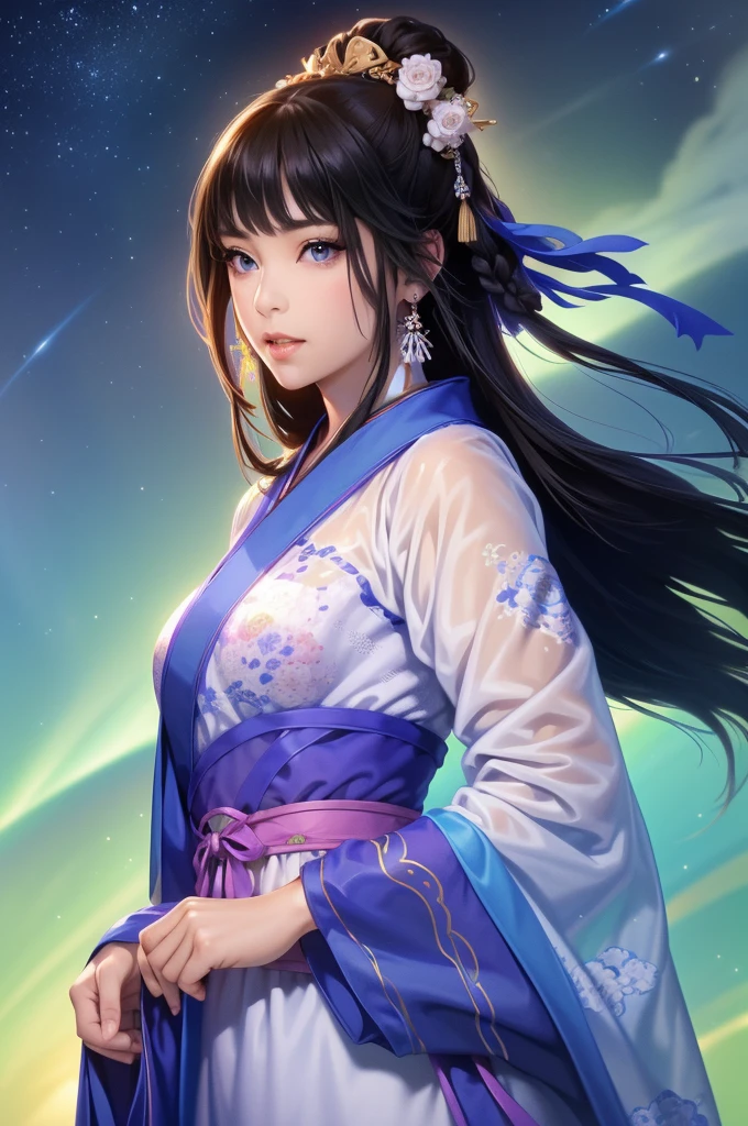 Starry sky landscape、shooting star、Outdoor、 Han Dynasty Landscape、Three Kingdoms、(Highest quality,4K,8k,High resolution,masterpiece:1.2)、Very detailed, High resolution,、Hyper HD、Studio Lighting、Ultra-fine painting、 Sharp focus、 Physically Based Rendering、 Very detailed説明、 Professional、 Vibrant colors、Traditional Chinese Painting Techniques、 Atmospheric lighting、 Vivid color contrast、 Ethereal atmosphere、Very detailed目と顔、 Beautiful attention to detail、 Light on the face、Hanfuを着た少女、(Hanfu: 1.1)、Eyes are green、(((1 girl)))、Anatomically correct