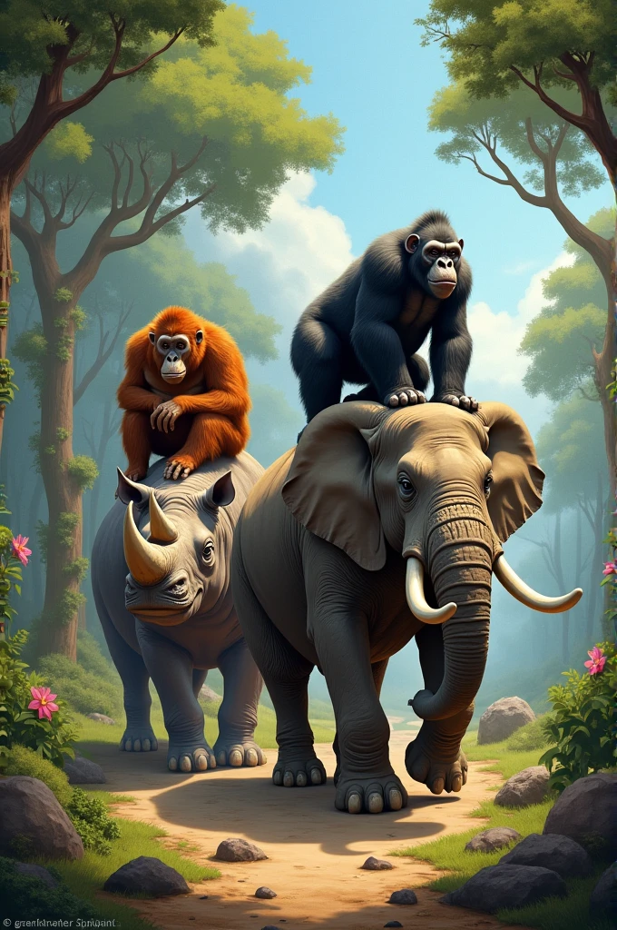 A gorilla riding an elephant, a chimpanzee riding a rhino, and an orangutan riding a hippopotamus