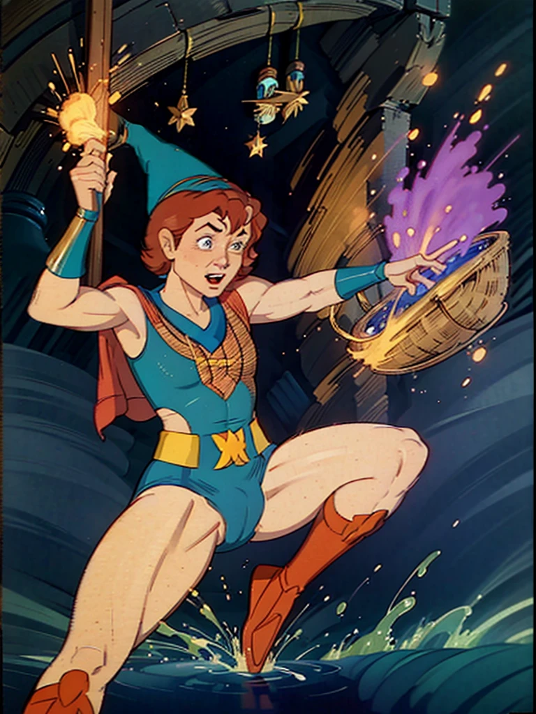 a redhead cartoon character, wonder woman outfit, very muscular, male wizard, 1980s cartoon, animated episode still, Presto (((mad))), ((Wears a wizard hat))