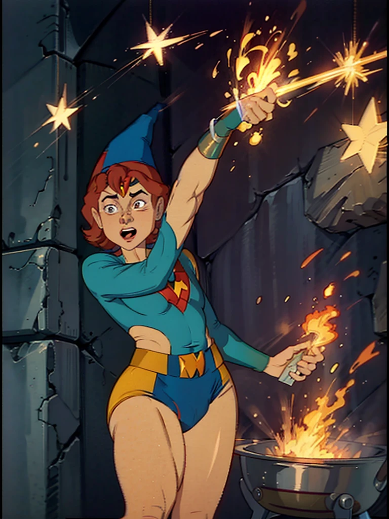 a redhead cartoon character, wonder woman outfit, very muscular, male wizard, 1980s cartoon, animated episode still, Presto (((mad))), ((Wears a wizard hat))