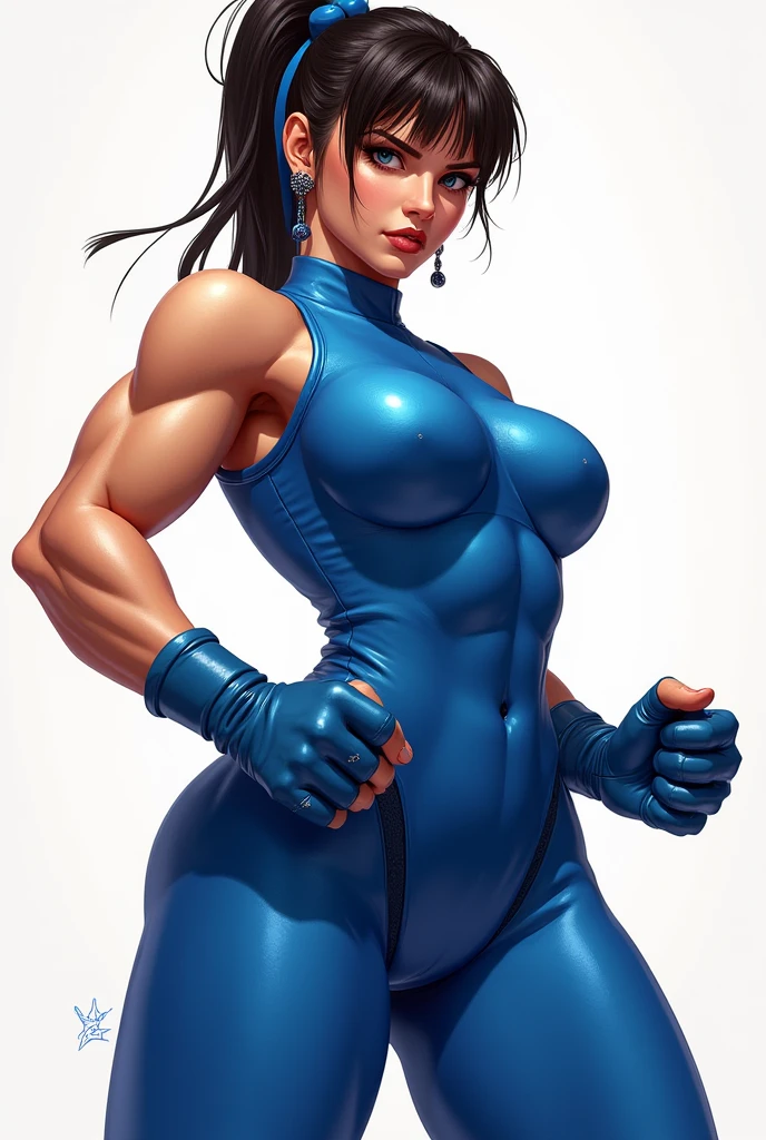 Chun Li, with his short blue suit, with a voluptuous and statuesque body