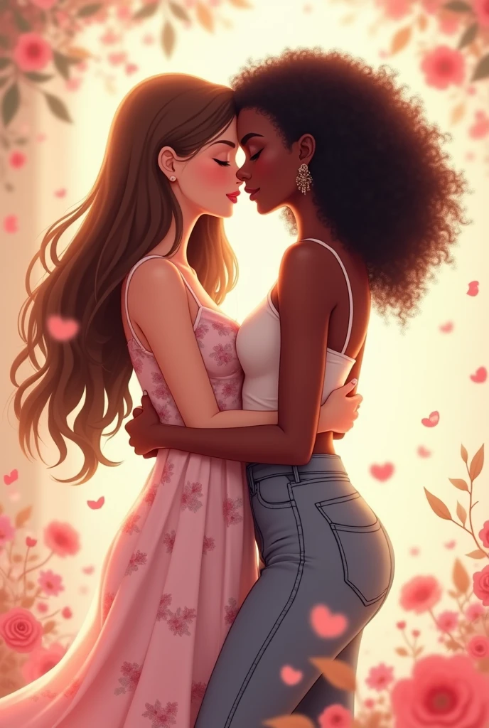 Anime style image of a couple of girls kissing, One with brown hair wearing a floral dress and the other of African descent with long hair and pants