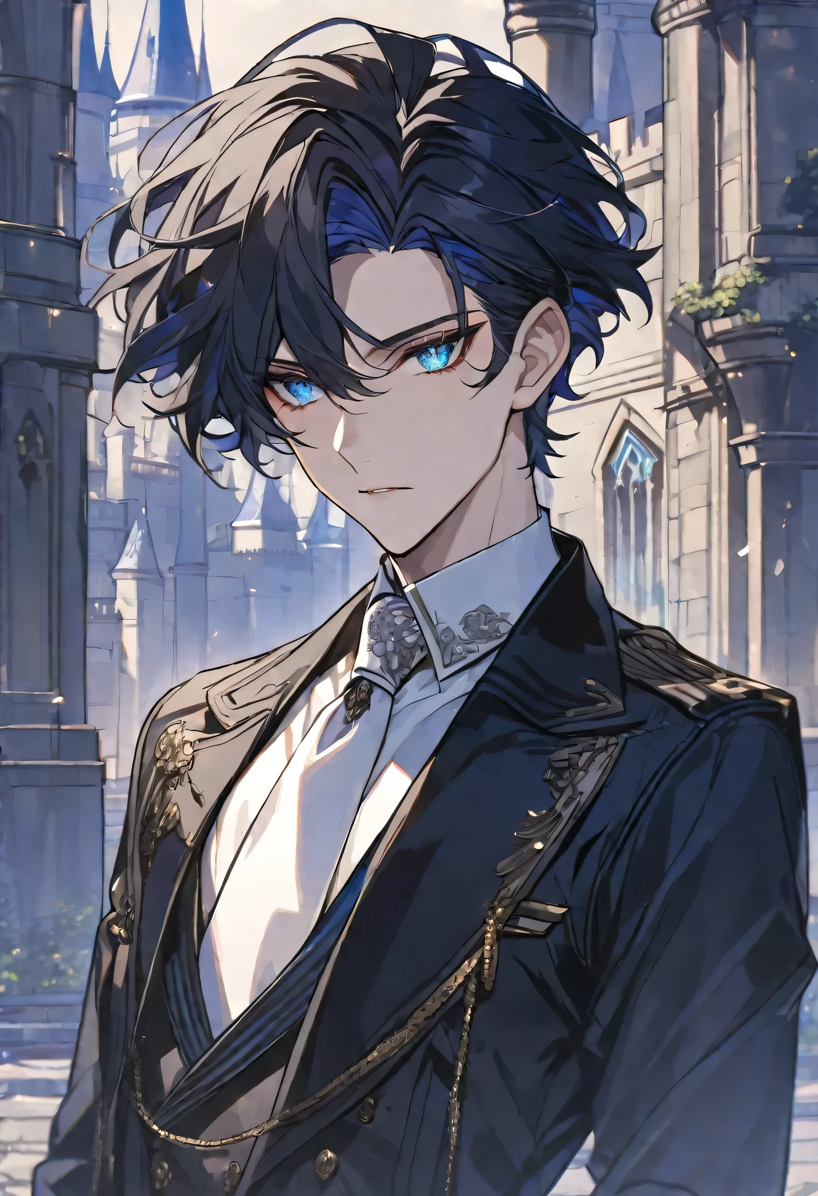 Alone, elegant, 1 male, 2, short hair, black natural hair, blue eyes, navy blue pupils, detailed, White shirt, white tie, black coat, castle background