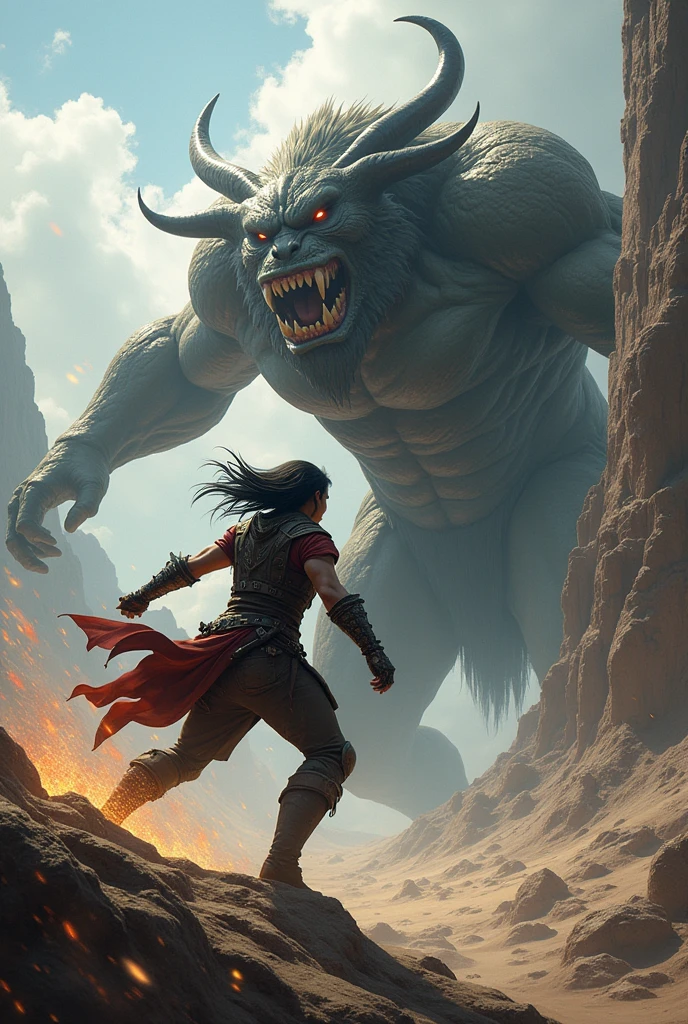 warrior with black hair, 1.66 tall, fighting a boss
