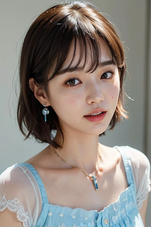 (((masterpiece))), ((photo realistic:1.3)), Japanese girl, thin eyebrows, (broad jawline,puffy face), no make up, (flat chest:1.3), short bob cut , light brown hair, ((messy hair)), earrings, necklace, Frowning, (laugh out loud:1.3), extreme close up ,  Light blue lace tiered dress