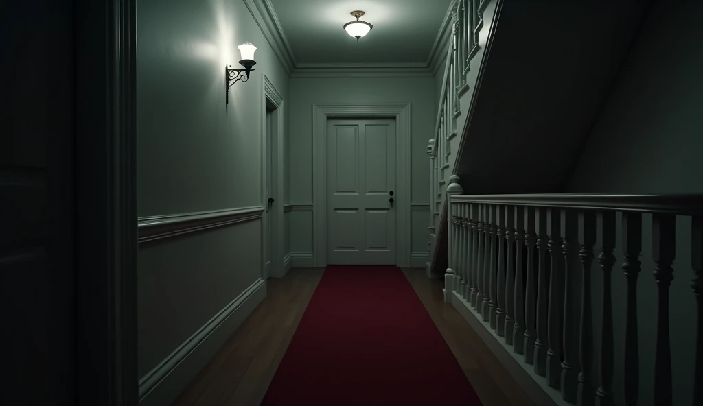 Cinematic, hyper realistic, A detailed interior image of a dimly lit, eerie white hallway with railing on the right suggesting that there is a dark open space in a mansion. The scene is characterized by its shadowy, monochromatic color palette, with a focus on a single closed door at the end of the corridor. The hallway is illuminated by a few antique wall sconces, casting a faint, ominous light. A red carpet runs along the wooden floor, leading towards the door, adding a stark contrast to the otherwise muted tones. The overall atmosphere is tense and foreboding, reminiscent of a scene from a horror or suspense narrative.