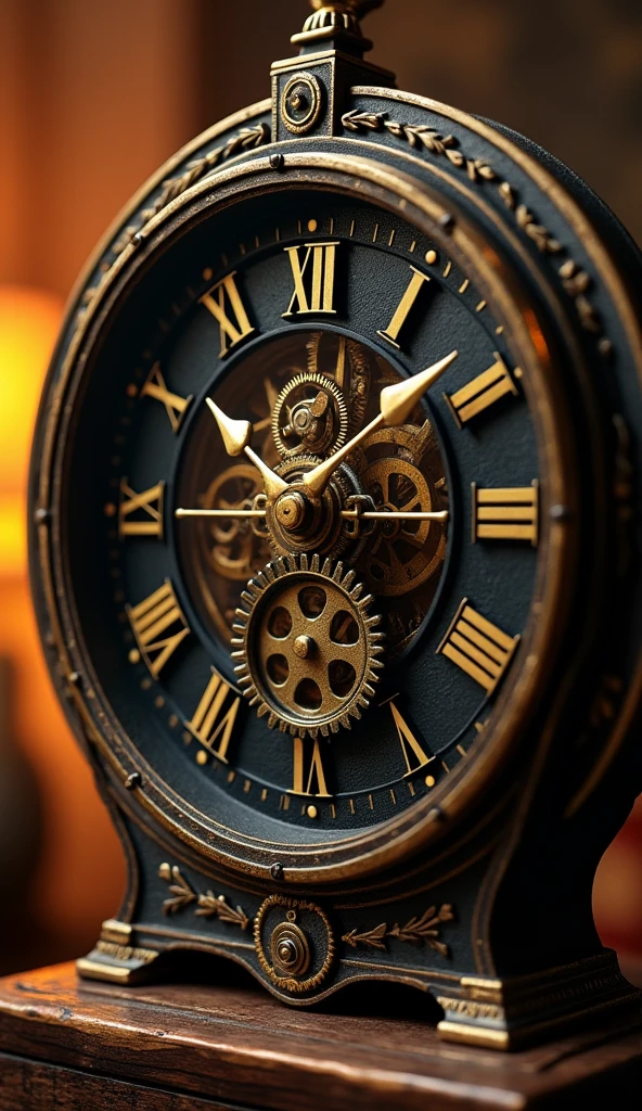 Machine of an analog clock, showing the gears, black and gold, warm colors background, you counted on the clock,