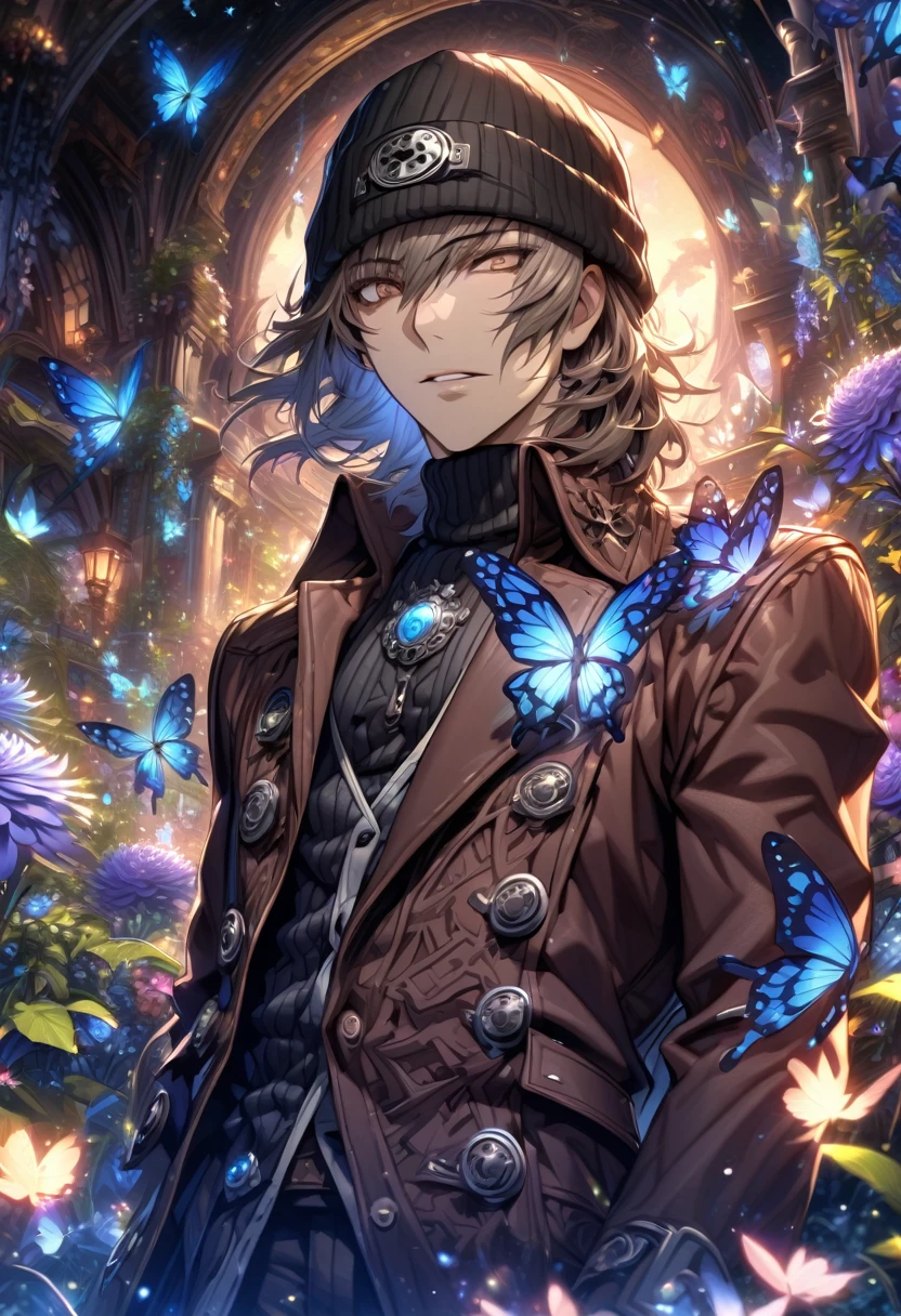 absurdres, highres, ultra detailed, HDR, masterpiece, extremely detailed, detailed eyes, detailed face, Aragaki Shinjirou, taupe brown medium hair, expressive brown eyes, Persona 3, solo, sexy man, sensual, handsome, adult face, mature man, black beanie, maroon peacoat, black turtleneck shirt, fantasy, garden, blue shining moon, blue glittering butterflies, magical, fantasy, blue chrysanthemum, blue fireflies, water