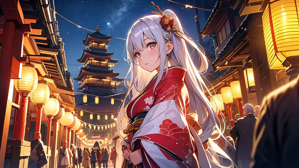 High resolution, high quality, Silver Hair, Shiny Hair, Golden Eyes, Close your mouth, Japan,Japanのfestival,shrine,festival,Lantern,Lantern,night,Wide-angle shot, Character portrait, Hairpin, Sparkle Effect, Halftone Style, abstract,