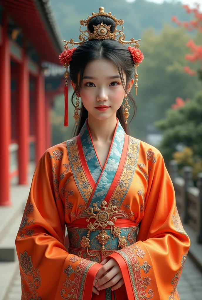 ((best qualityer)), ((work of art)), (detailded), 1 Chinese girl in traditional Chinese clothing in the center of the photo, front profile, body facing forward, slightly blurred background with nature and a red Chinese temple on the left side