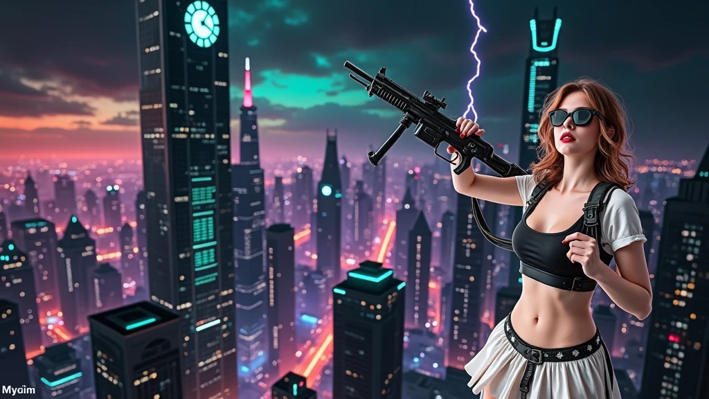 (Wide angle aerial view). At night, simple outlined cyberpunk city, flying cars, all-glass buildings, glowing giant clock tower, lightning, line art background. High-resolution OLED GUI interfaces in the building, The windows are filled with transparent data visualization infographics that show it all, very close-up green glowing cascading code. Colors are saturated and vibrant. At night, (1girl, solo, alone), photorealistic, large-breast slim:0.6 body, oval:0.5 face, black mini bra, cleavage:1.1, deep-v, very low angle view of black pleated miniskirt, white panty, (upskirt), glove, (Matrix style black micro sunglasses), (aiming viewer with a short gun), dynamic running pose, (half-body thigh level close-up shot), cinematic lighting, ray tracing, motion blur background.