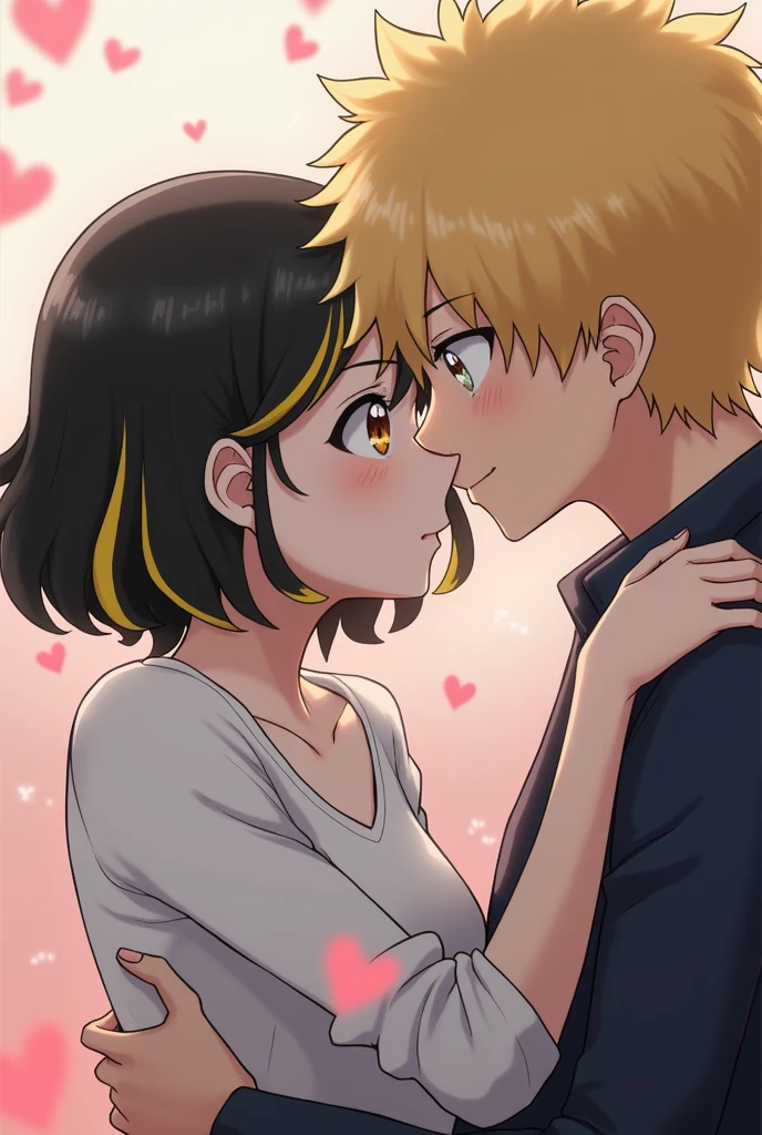 Boku no Hero Academia, A white-skinned woman, eyes the color of honey, short hair, black with yellow locks in front. A few light freckles on the cheeks, and a blond boy giving each other a kiss