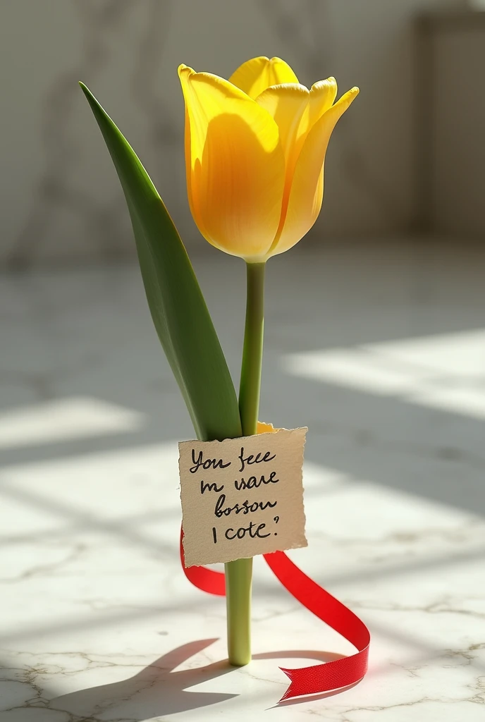 Yellow tulip with a note wrapped around the stem held by a red ribbon on a marble floor