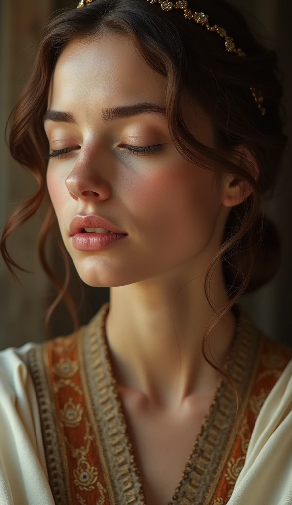 beautiful young Anne Hathaway, as Virgin Mary (traditional clothing of Judea 2000 years ago), blushing, eyes closed, pursed lips, closeup, masterpiece, photorealistic, detailed portrait, high quality, realistic, intricate details, warm lighting, soft focus, dramatic lighting, oil painting, renaissance style