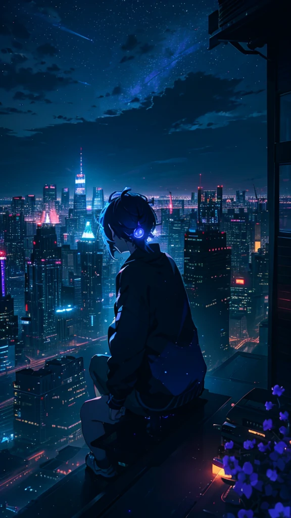 An anime-style image primarily focusing on a breathtaking nighttime cityscape with glowing lights from tall buildings. The scene is viewed from a rooftop, where a person with short, tousled hair, dressed in casual clothing, sits on the edge, wearing headphones. The person is more in the background, allowing the vibrant, illuminated city to dominate the scene. The night sky is deep blue with hints of purple, complementing the bright city lights below. In the foreground, small red flowers on the rooftop subtly add a touch of nature to the urban setting