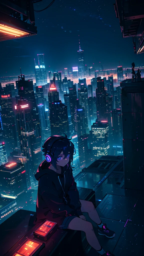 An anime-style image primarily focusing on a breathtaking nighttime cityscape with glowing lights from tall buildings. The scene is viewed from a rooftop, where a person with short, tousled hair, dressed in casual clothing, sits on the edge, wearing headphones. The person is more in the background, allowing the vibrant, illuminated city to dominate the scene. The night sky is deep blue with hints of purple, complementing the bright city lights below. In the foreground, small red flowers on the rooftop subtly add a touch of nature to the urban setting