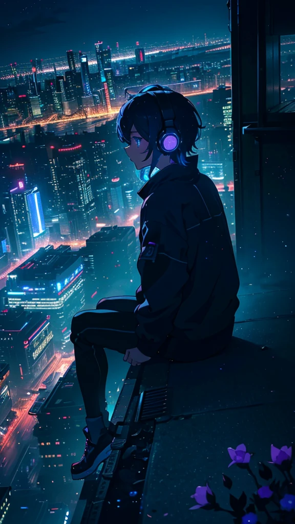 An anime-style image primarily focusing on a breathtaking nighttime cityscape with glowing lights from tall buildings. The scene is viewed from a rooftop, where a person with short, tousled hair, dressed in casual clothing, sits on the edge, wearing headphones. The person is more in the background, allowing the vibrant, illuminated city to dominate the scene. The night sky is deep blue with hints of purple, complementing the bright city lights below. In the foreground, small red flowers on the rooftop subtly add a touch of nature to the urban setting