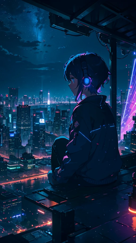 An anime-style image primarily focusing on a breathtaking nighttime cityscape with glowing lights from tall buildings. The scene is viewed from a rooftop, where a person with short, tousled hair, dressed in casual clothing, sits on the edge, wearing headphones. The person is more in the background, allowing the vibrant, illuminated city to dominate the scene. The night sky is deep blue with hints of purple, complementing the bright city lights below. In the foreground, small red flowers on the rooftop subtly add a touch of nature to the urban setting