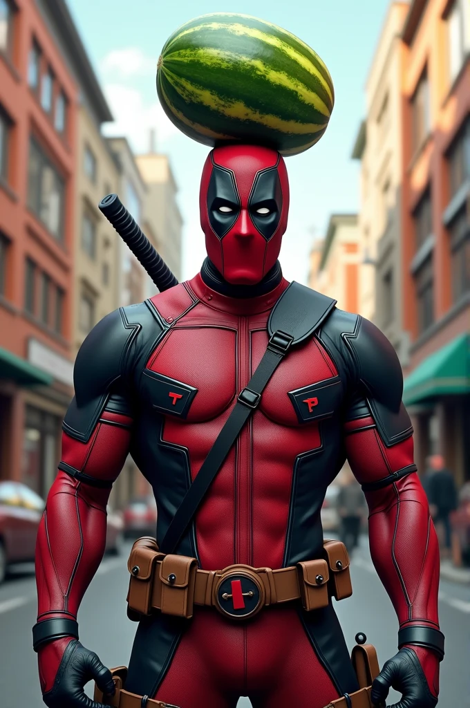 Deadpool with a watermelon on his head 