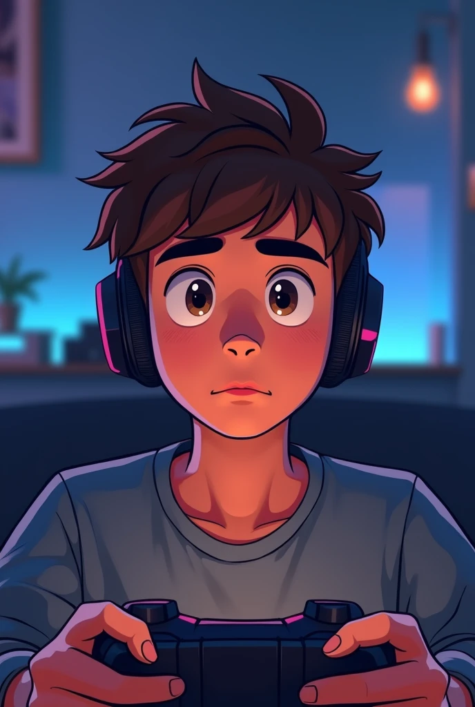 Man with bluetooth headphones, with expression would be, short curly hair , brunette skin, playing video game, animation style