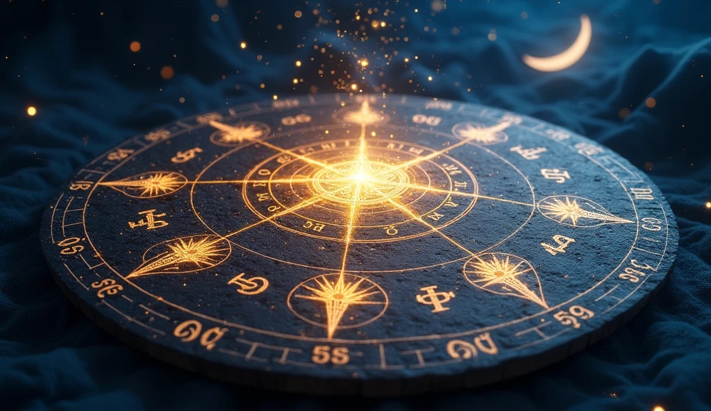 Imagine a starry night sky with a large celestial calendar. Each day of the calendar is marked with mystical symbols and numbers, representing the events and predictions we discussed. The calendar is illuminated by a soft light, emitted by a crescent moon shining in the background. The stars around the calendar are visible, reflecting the energy and mysteries of the days mentioned. Each date has symbols representing recommended actions and what to avoid., creating a visual connection to the spirituality and predictions discussed.