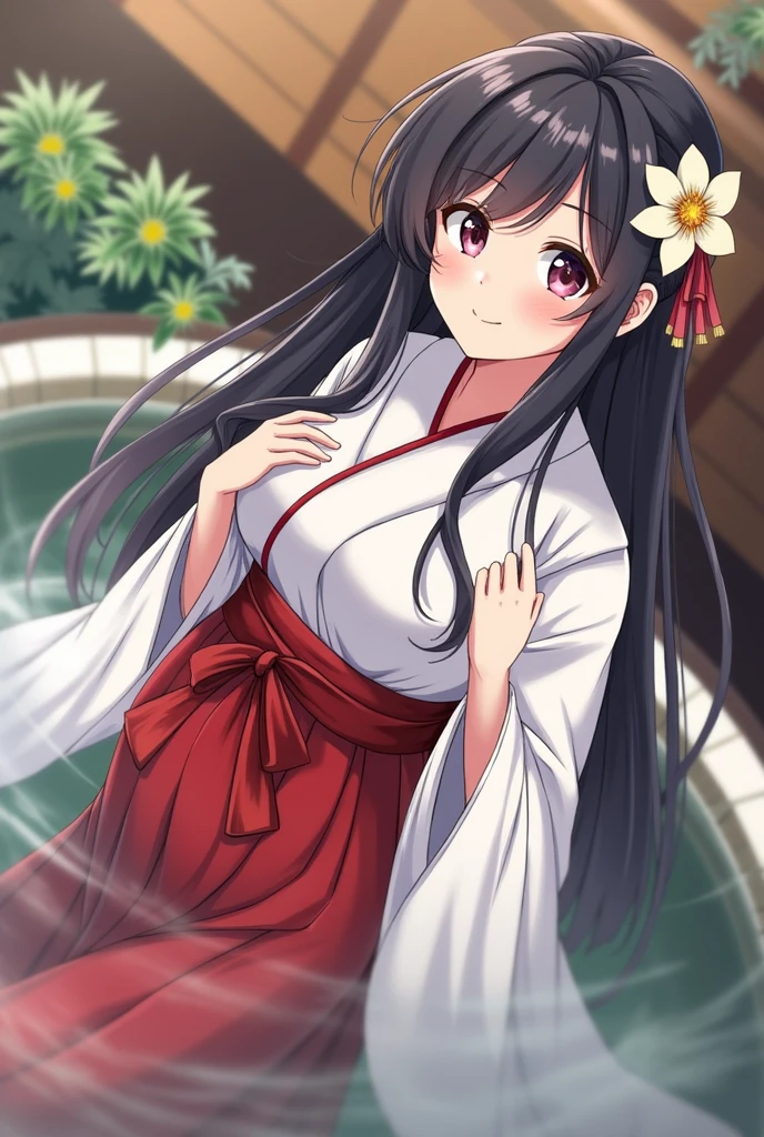 girl in white and red shrine maiden, enchanting, Flower in hair, long hair, refined movements, At a hotspring, breasts are visable, angelic smile, defined curves, Blushing, pregnant, hand on belly