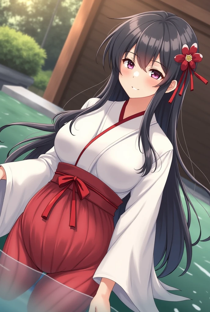 girl in white and red shrine maiden, enchanting, Flower in hair, long hair, refined movements, At a hotspring, breasts are visable, angelic smile, defined curves, Blushing, pregnant, hand on belly