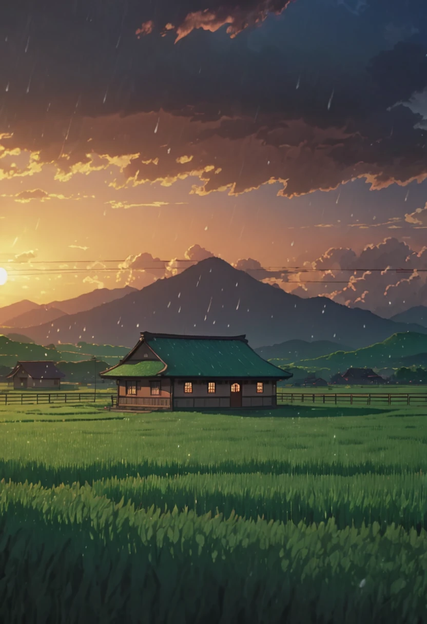 masterpiece!!!! 8k stone hut in the middle of green field ANIME GHIBLI STYLE!!!!! The image shows a serene twilight scene with clouds, rain, lighting, shadows, 8khdr sol ilumination!!!! sunrise clouds